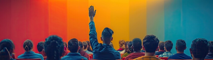 Audience member raising hand in a colorful seminar hall, engaging in a discussion or asking a question during a conference or workshop.