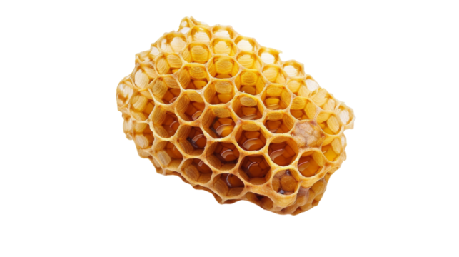 Detailed view of a honeycomb structure on a plain white backdrop, showcasing hexagonal shapes and honey-filled cells