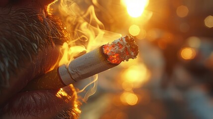 Close-up of a person smoking a cigarette with glowing embers and rising smoke against a blurred, sunlit background.
