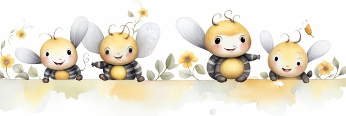 Fototapeta premium Watercolor nursery theme baby room, Cute cartoon bees on a white background.