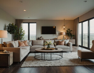 Fototapeta premium 3D render of a modern living room interior, emphasizing comfort and style. Incorporate sleek furniture, a neutral color palette with pops of color, ambient lighting, tasteful décor