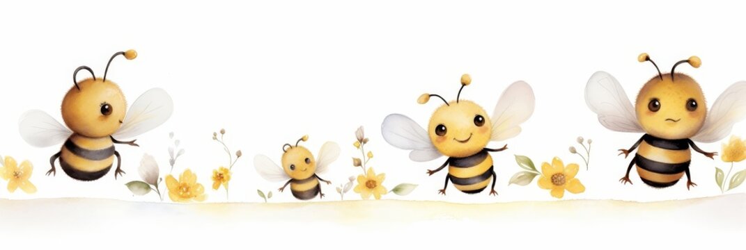 Watercolor nursery theme baby room, Cute cartoon bees seamless border. Funny bee family.