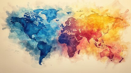 Colorful watercolor map of the world showcasing continents in vibrant blue, green, yellow, and red hues. Artistic representation ideal for decor.