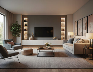 3D render of a modern living room interior, emphasizing comfort and style. Incorporate sleek furniture, a neutral color palette with pops of color, ambient lighting, tasteful d&eacute;cor