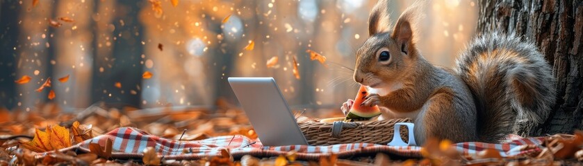 Cute squirrel eating watermelon next to a laptop in an autumn forest setting. Natural light and falling leaves create a cozy atmosphere.