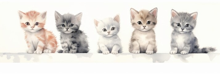Watercolor nursery theme baby room, Five cute kittens in a row on white background