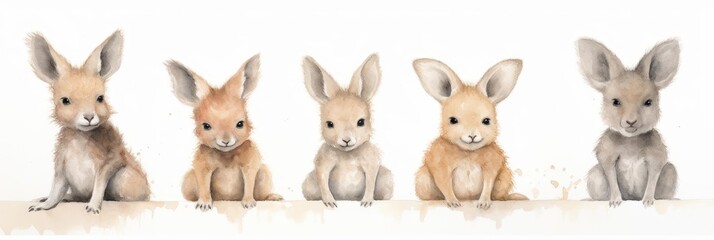 Fototapeta premium Watercolor nursery theme baby room, Five watercolor baby kangaroos sitting in a row on a white background