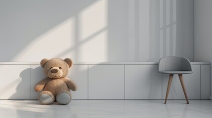A minimalistic white wall with stars and a teddy bear in the background, a children's room with empty space for product placement, a small chair on one side of a cabinet, a white floor.