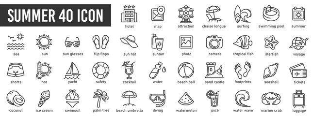 Summer, vacation, beach minimal thin line icon set