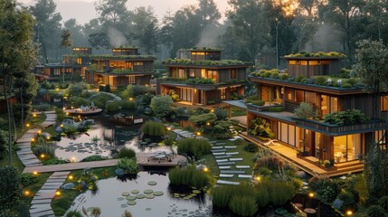 Obraz premium Community space in an eco-village with shared resources and sustainable infrastructure.