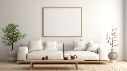 A fusion of modern and natural elements with a wooden coffee table, a white sectional sofa, and a blank empty white frame mockup on the wall.