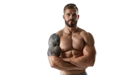 Muscular Bearded Man with Arm Tattoo Posing Shirtless