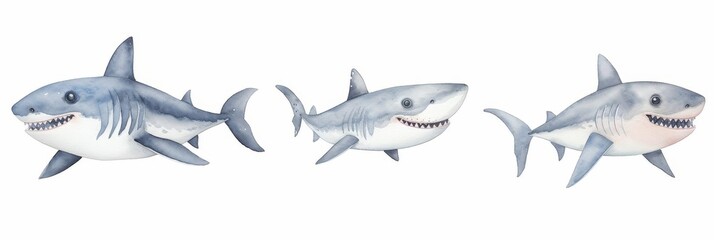 Watercolor nursery theme baby room, Three cartoon sharks. Watercolor illustration of great white sharks.