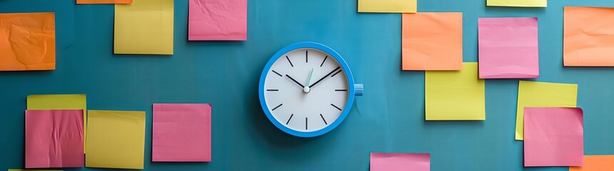 A clock surrounded colorful postit notes on the wall, symbolizing time management and experience. The clock is in blue with black hands, in the style of minimal editing.