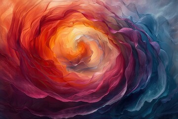 Naklejka premium Vibrant abstract painting with swirling colors of orange, red, and blue, creating a sense of motion and depth in this captivating artwork.