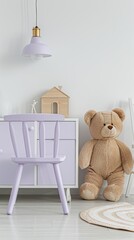 A minimalistic white wall with stars and a teddy bear in the background, a children's room with empty space for product placement, a small chair on one side of a cabinet, a white floor.