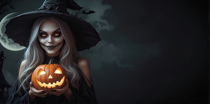 Halloween jack o lanterns and witch on various creepy background