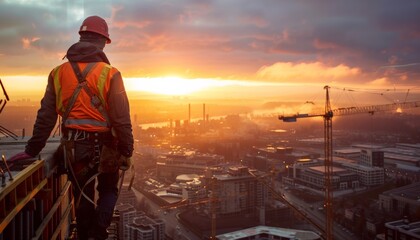 Construction worker standing on a building under construction and watching the sunset.