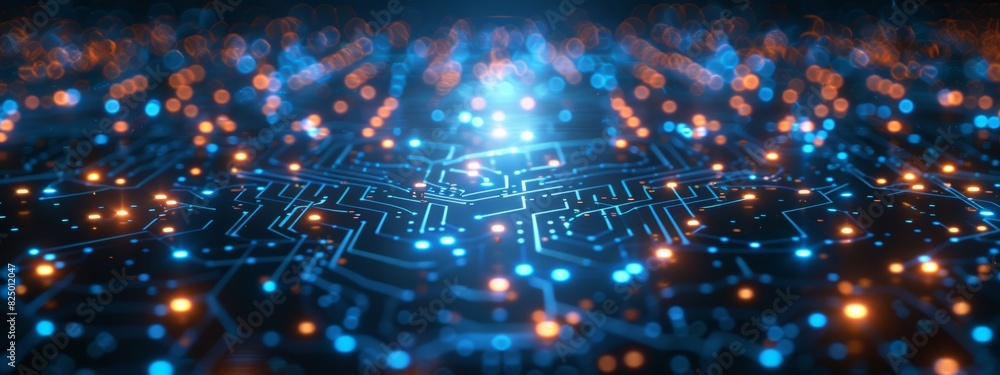 Poster blue interconnected lines resembling a circuit board, showcasing the flow of electricity in an abstr