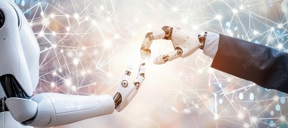 Poster robotic and human hands connecting on expansive data network background, symbolizing collaboration