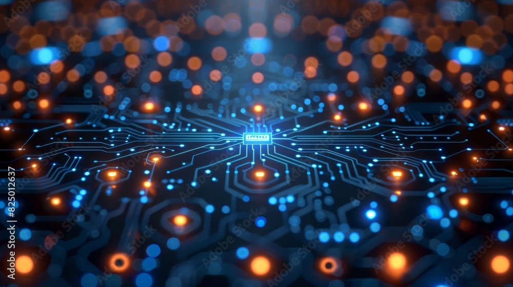 Poster blue interconnected lines resembling a circuit board, showcasing the flow of electricity in an abstr