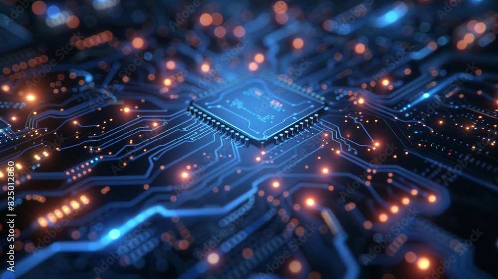 Poster blue interconnected lines resembling a circuit board, showcasing the flow of electricity in an abstr
