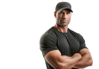Muscular Man in Black Shirt and Cap with Arms Crossed