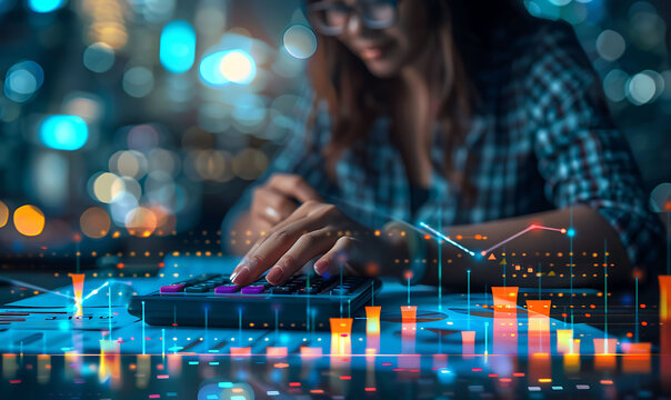 A businesswoman working on financial reports with a calculator, featuring a digital overlay of growth charts and numerical data