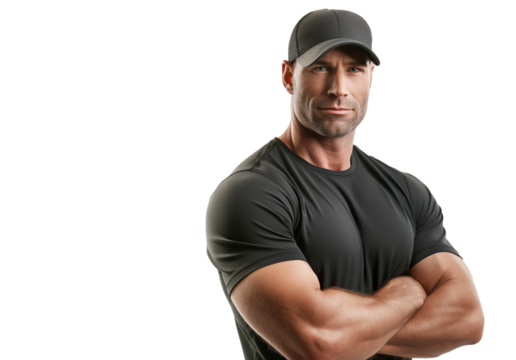 Muscular Man in Black Shirt and Cap with Arms Crossed
