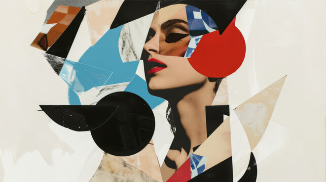 Collage with a woman's face and abstract geometric shapes
