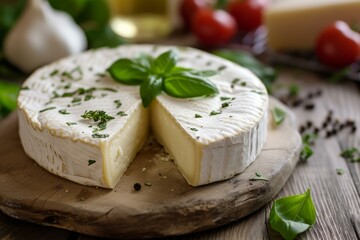 Artisan brie with basil on a wooden board, surrounded by ingredients for a delicious meal
