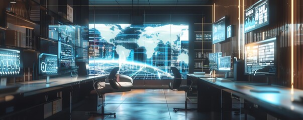 19. Network node in a high-tech office environment, surrounded by holographic displays and digital interfaces, sleek and modern