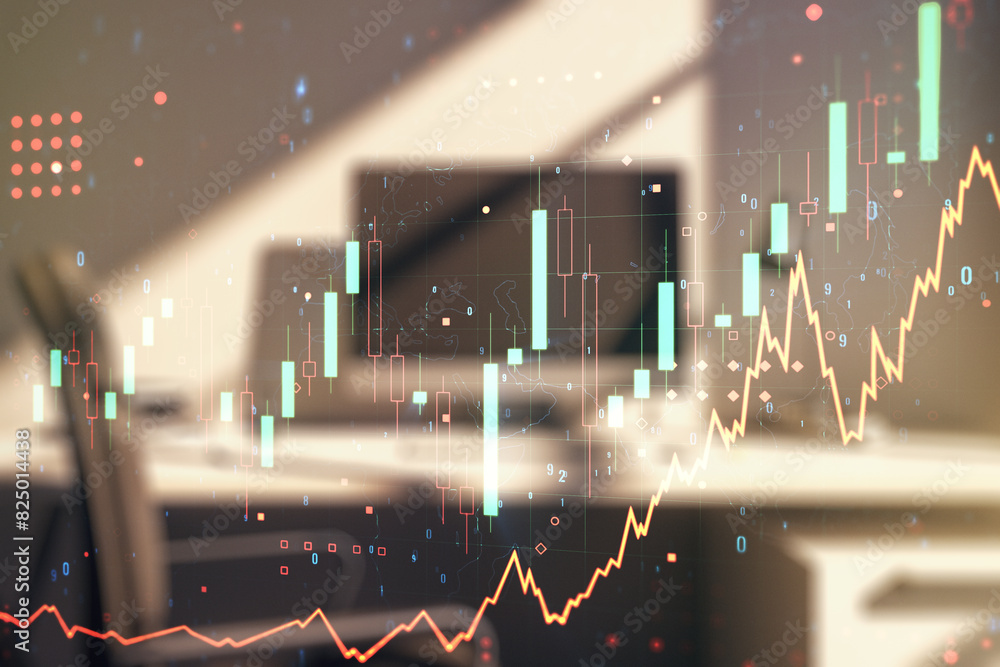 Poster multi exposure of abstract financial graph and modern desktop with pc on background, financial and t