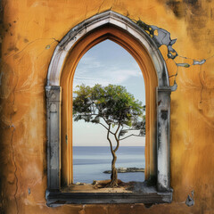 Obraz premium Arch in an old building through which you can see the tree and the sea 