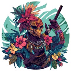 Fototapeta premium illustration art of warrior in the circle frame of flower isolate on white background