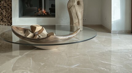 An elegant living room with fireplace, glass coffee table and wood stack in the corner. The walls have light beige travertine stone panels. A wooden sculpture hangs on one wall above fire place.
