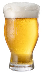 Glass of chilled light beer with large head of foam isolated on white background. Clipping path.