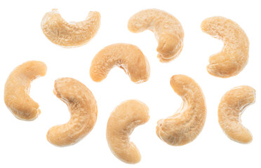 Set of raw cashew nuts or cashew seeds on white background. File contains clipping paths.