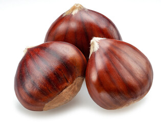 Raw chestnuts isolated on white background. Portuguese traditional snack autumn street food.