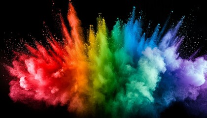 Colored powder explosion. Rainbow colors dust on black background. Multicolored powder splash background