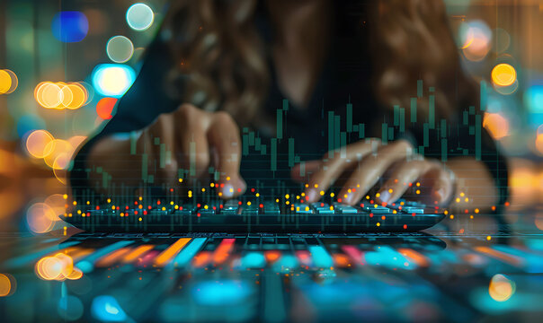 A businesswoman working on financial reports with a calculator, featuring a digital overlay of growth charts and numerical data