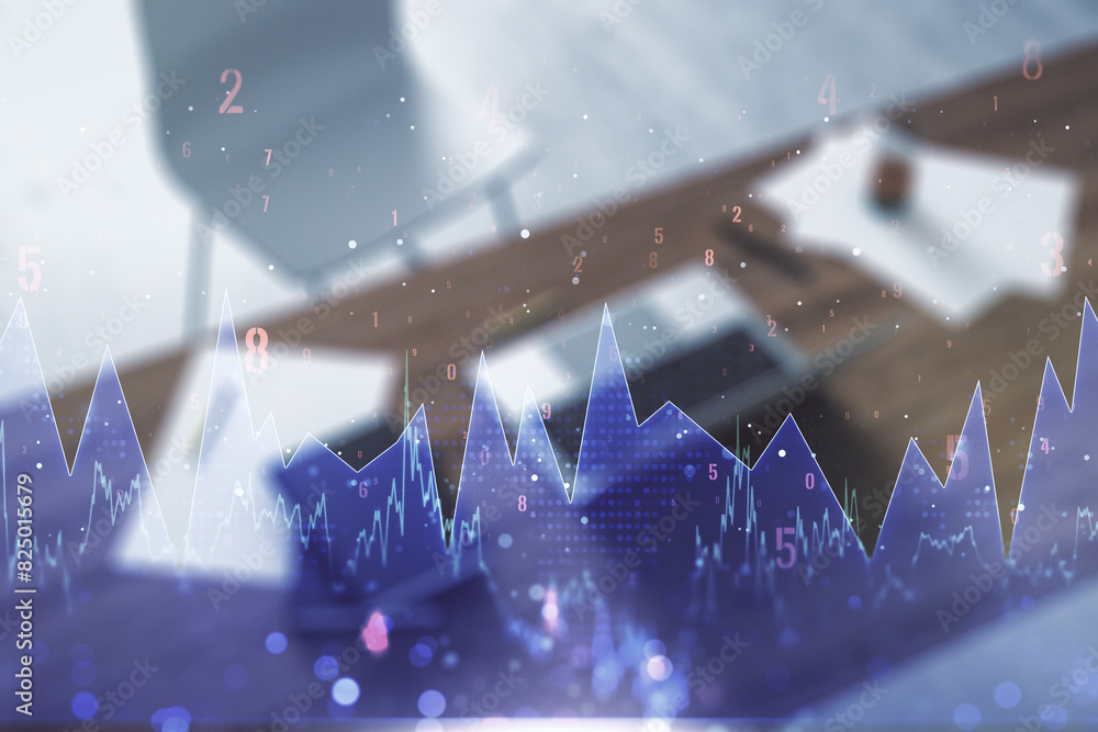 Poster multi exposure of abstract graphic data spreadsheet sketch and modern desktop with pc on background,