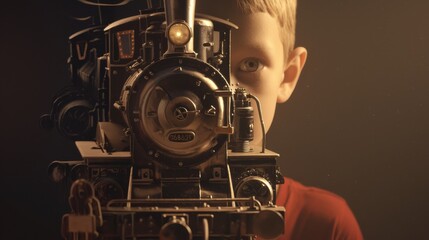 Circular toy train running on the tracks, The boy curiously and happily plays with the toy train, a nostalgic style from the 1960s and 1970s.