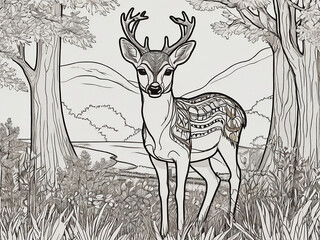 Cute deer in nature outline for coloring book Generative AI