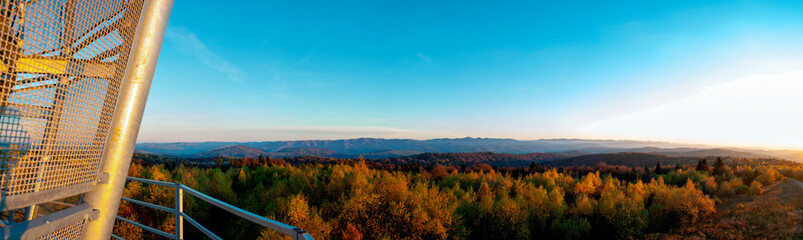 Mountain panorama from the observation tower, beautiful autumn view with mountains.