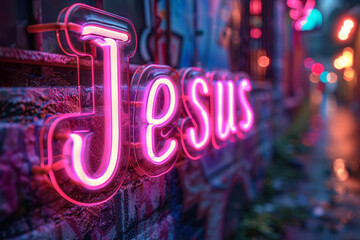 Neon volumetric inscription "Jesus" on a brick wall on the street. Banner for Christian religious publications, Bible magazines