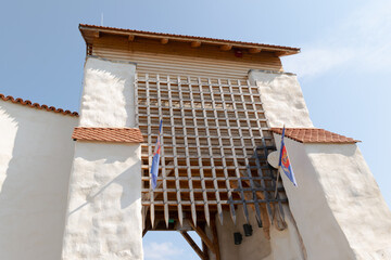 Historic Medieval Fortress Gate Under Clear Blue Sky