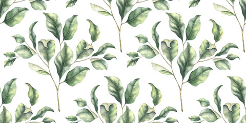 Green branches with leaves. Hand drawn watercolor seamless pattern of Twigs. Summer floral background for wedding design, textiles, wrapping paper, scrapbooking