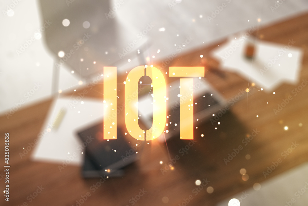 Poster creative iot hologram and modern desk with computer on background, internet of things concept. multi