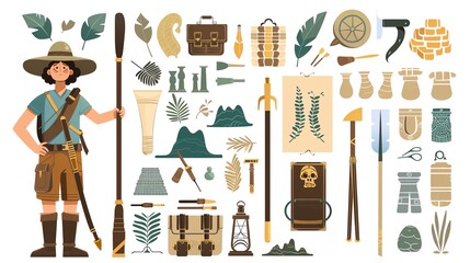 Field archaeologist character flat design top view ancient history theme animation vivid